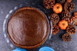 Chocolate Pumpkin Pie just after baking with a domed top