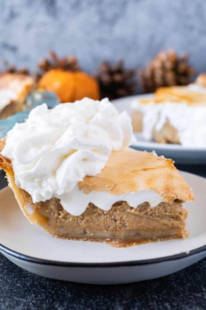 Sweet Potato Pie Slice from the side with toasted marshmallow and whipped cream