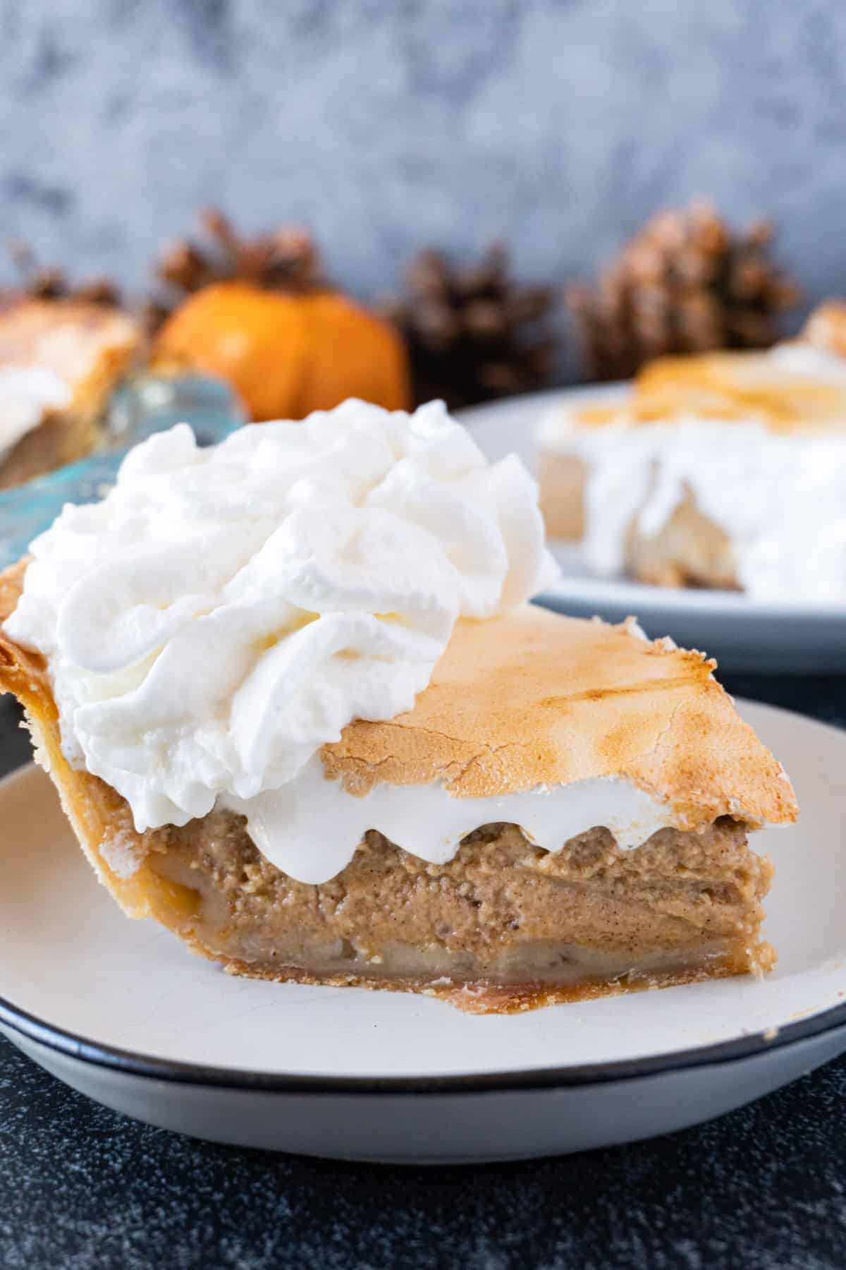 Sweet Potato Pie Slice from the side with toasted marshmallow and whipped cream