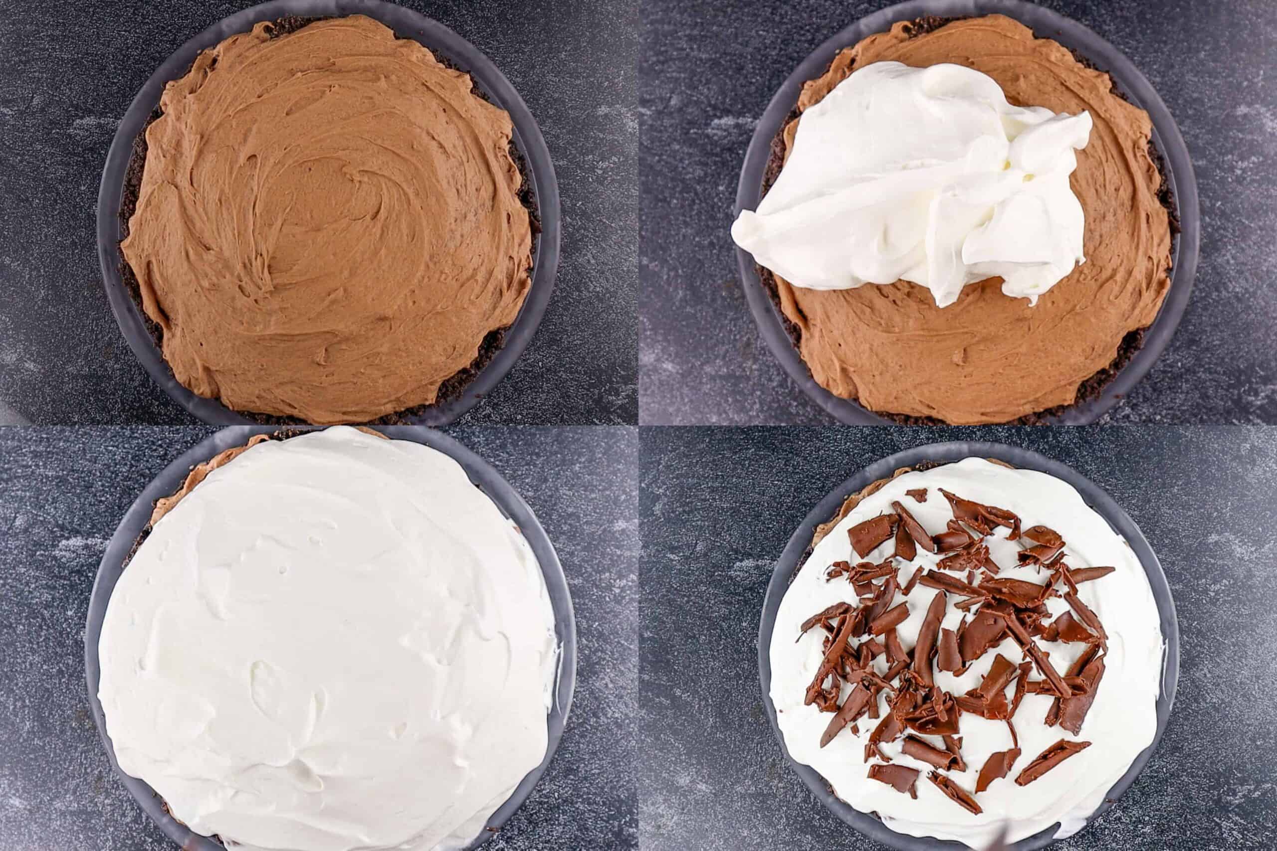 adding the whipped topping and chocolate curls to pie process photos