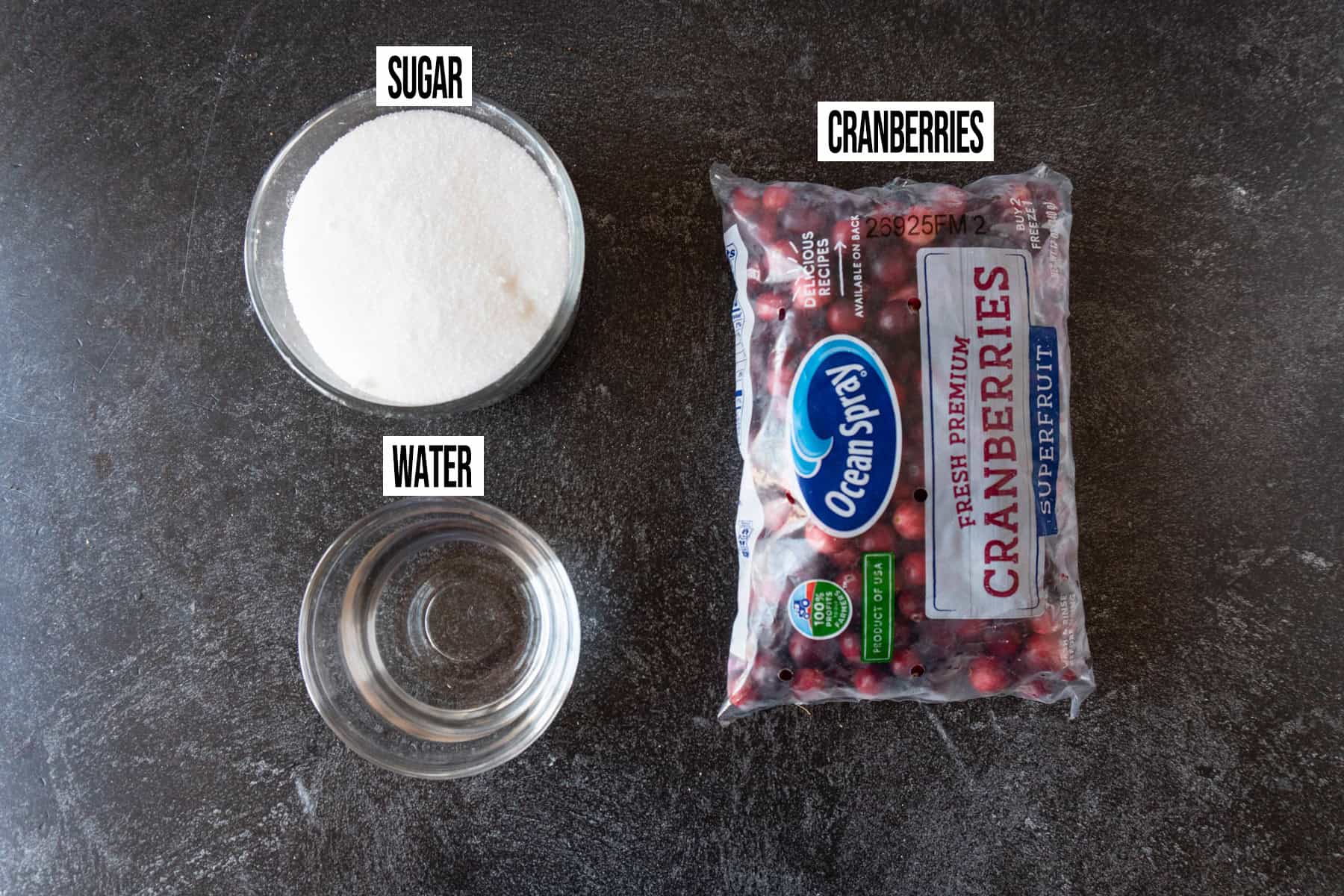 Candied Cranberries Ingredients Laid Out and Labeled.