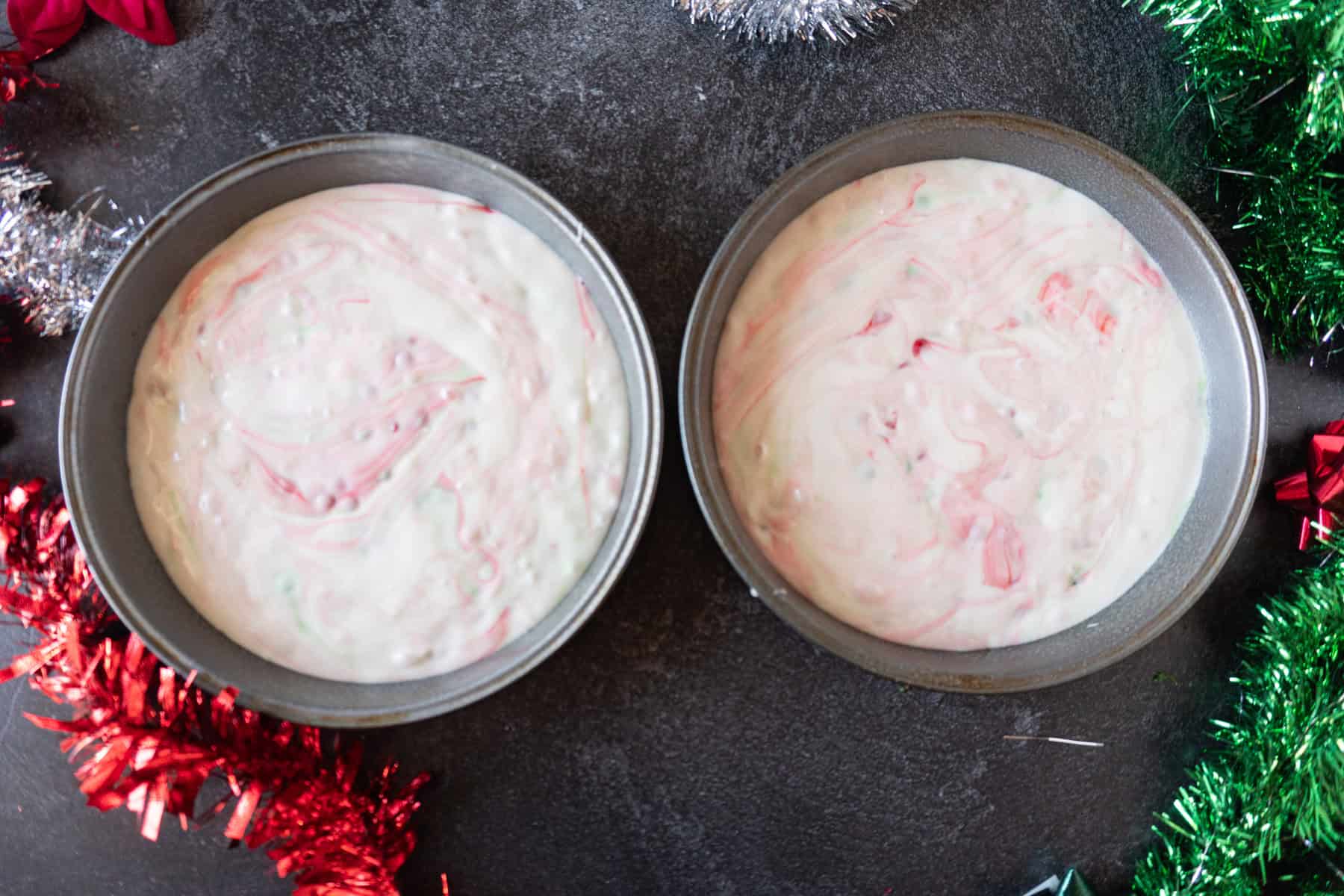 Holiday Cake batter in pans before baking.