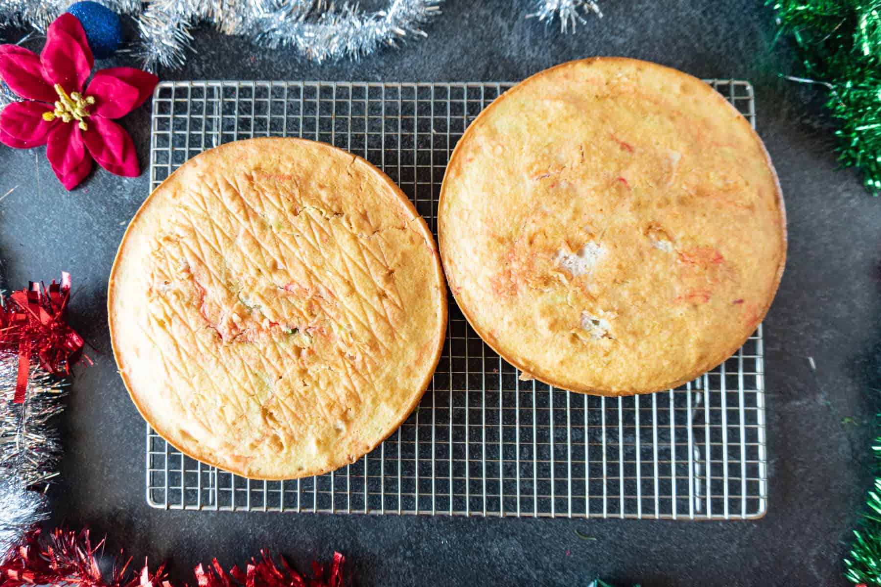 Holiday cake baked and cooling on cooling rack