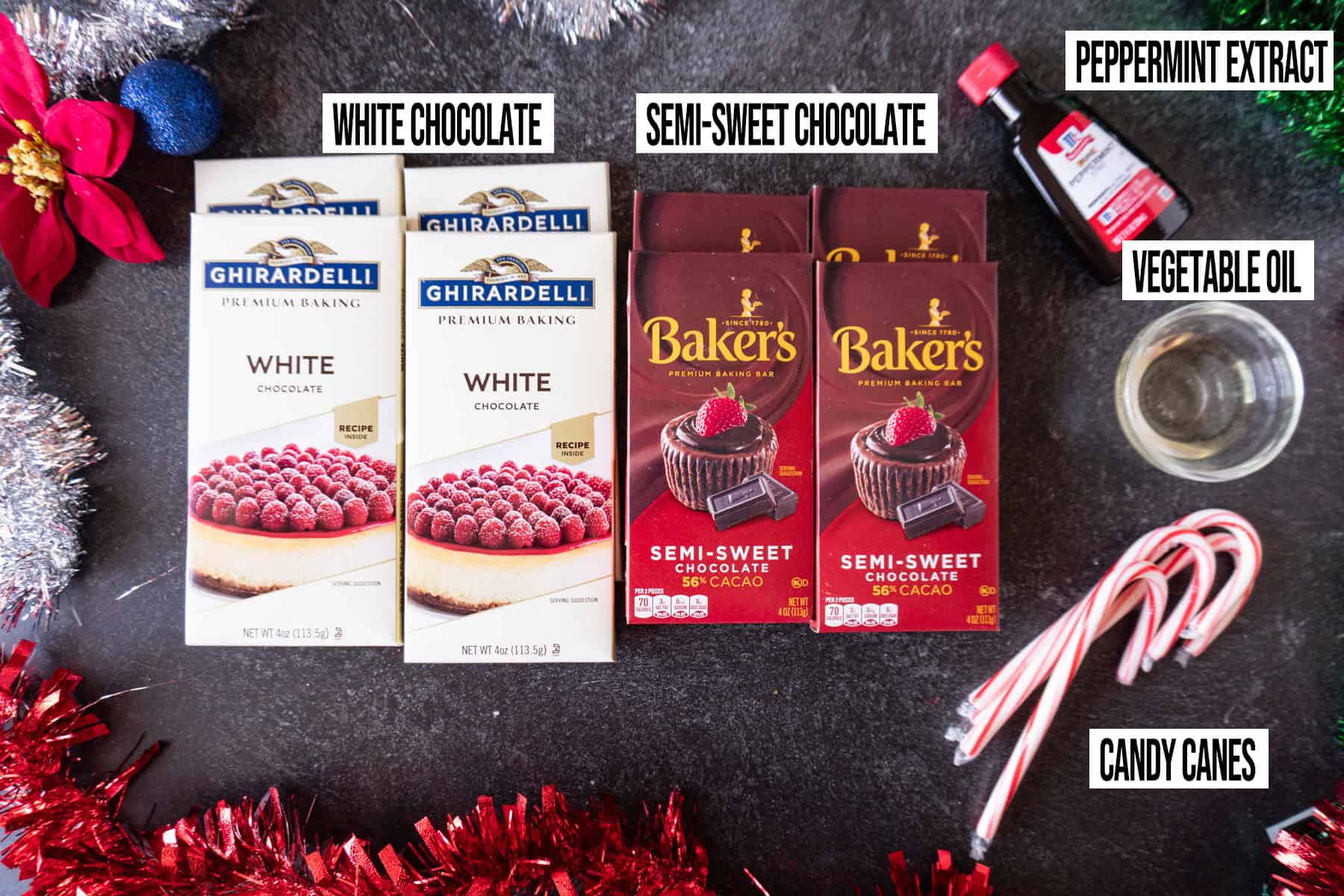 Peppermint Bark Recipe Ingredients laid out and labeled.