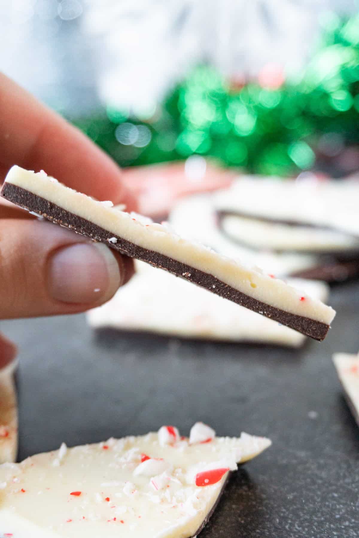 holding a piece of peppermint bark showing the distinct white chocolate and chocolate layers.