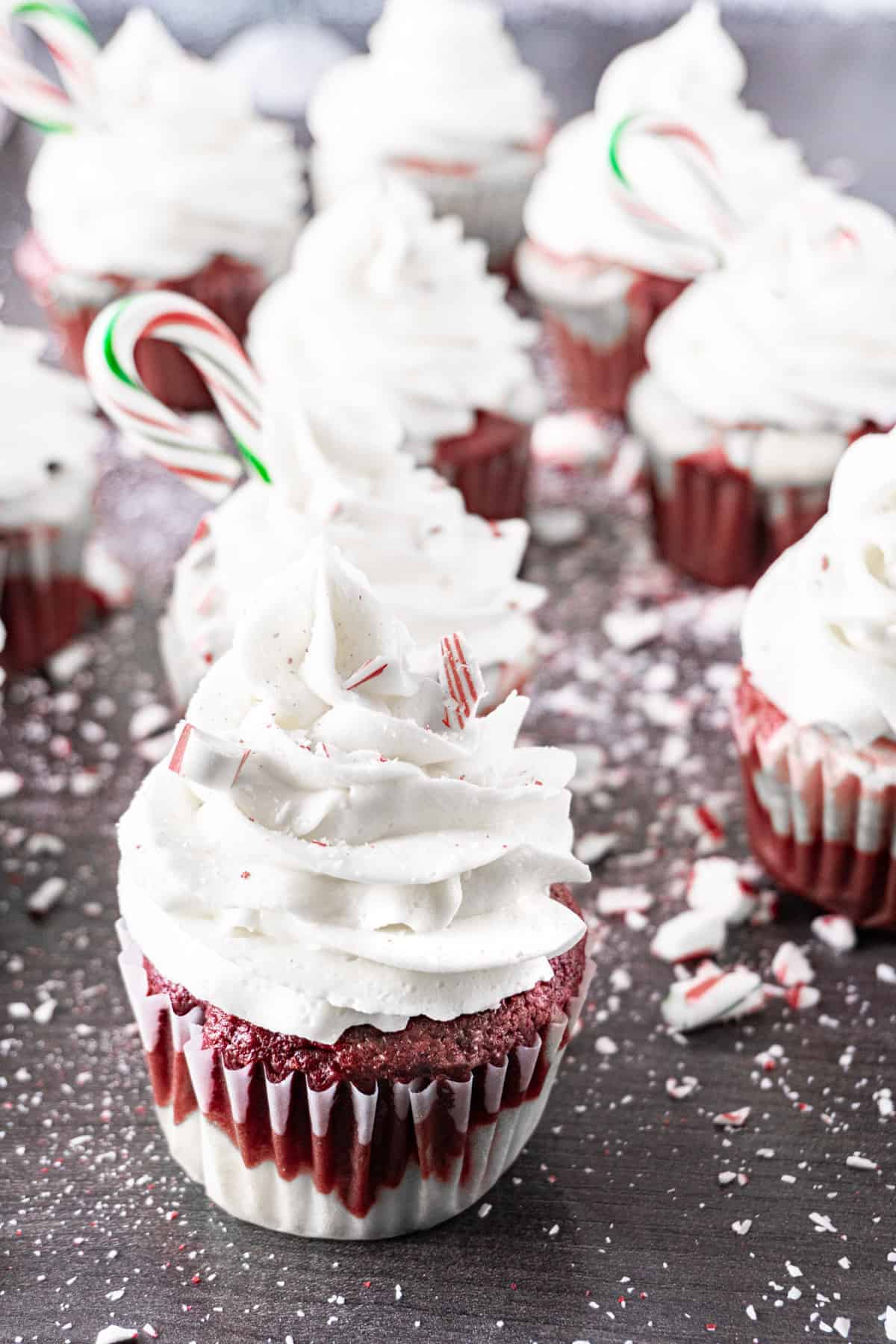 Peppermint cupcakes with crushed candy cane pieces