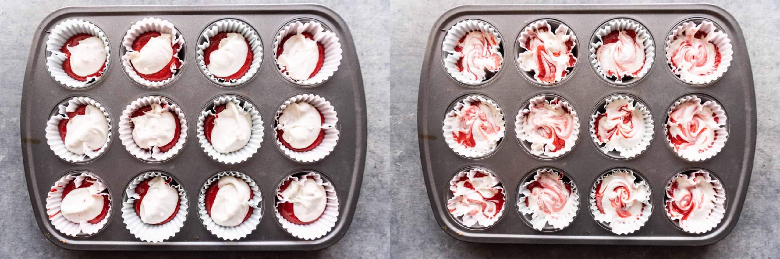 before and after swirling cupcake batter