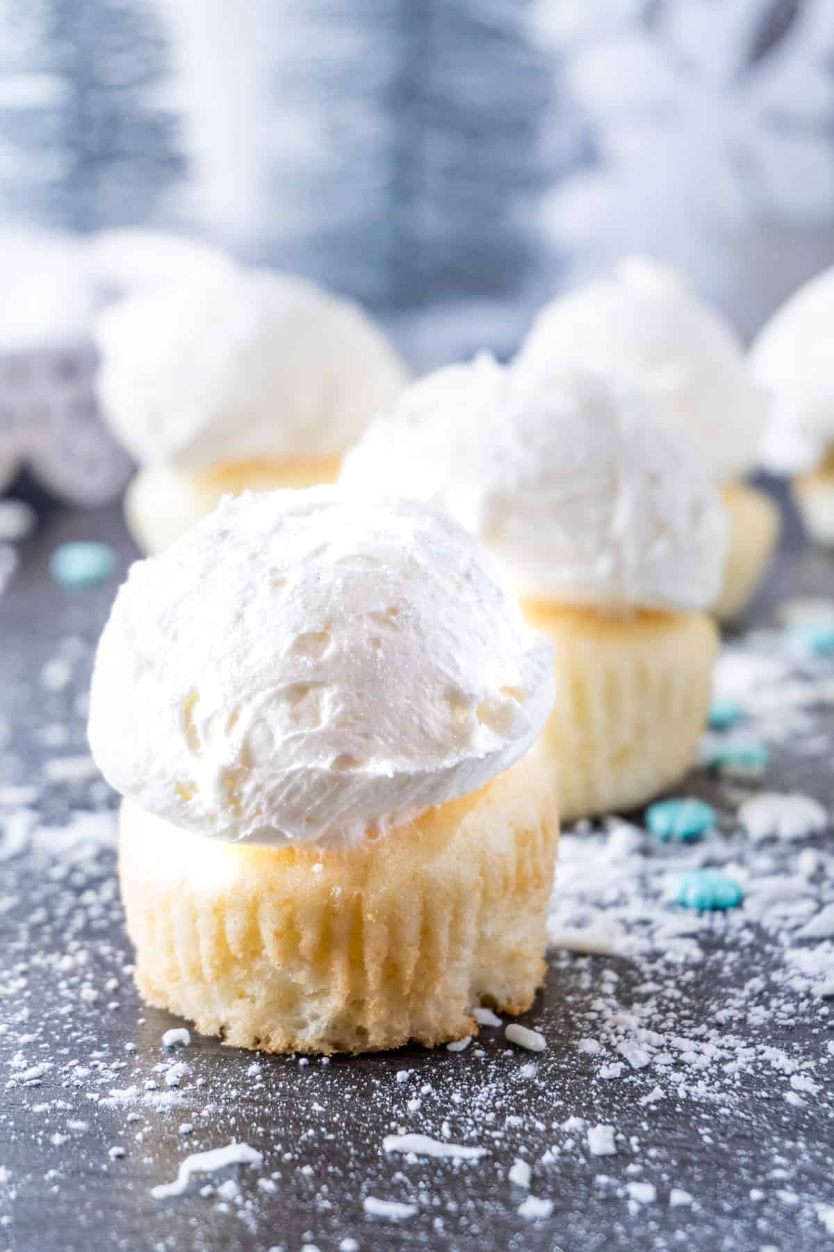 snowball cupcakes close up