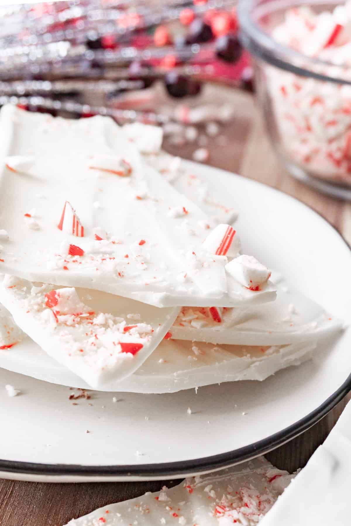 white chocolate peppermint bark on plate