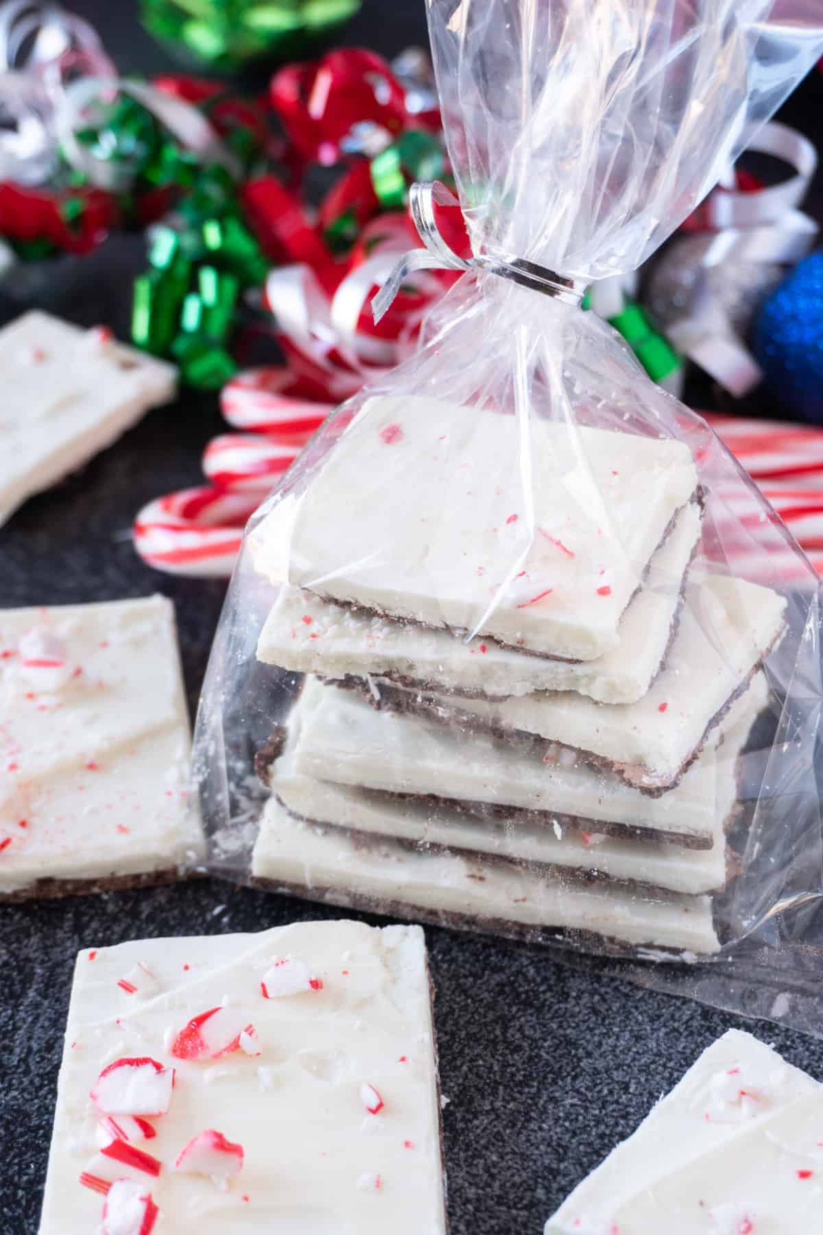 peppermint bark in a gift bag