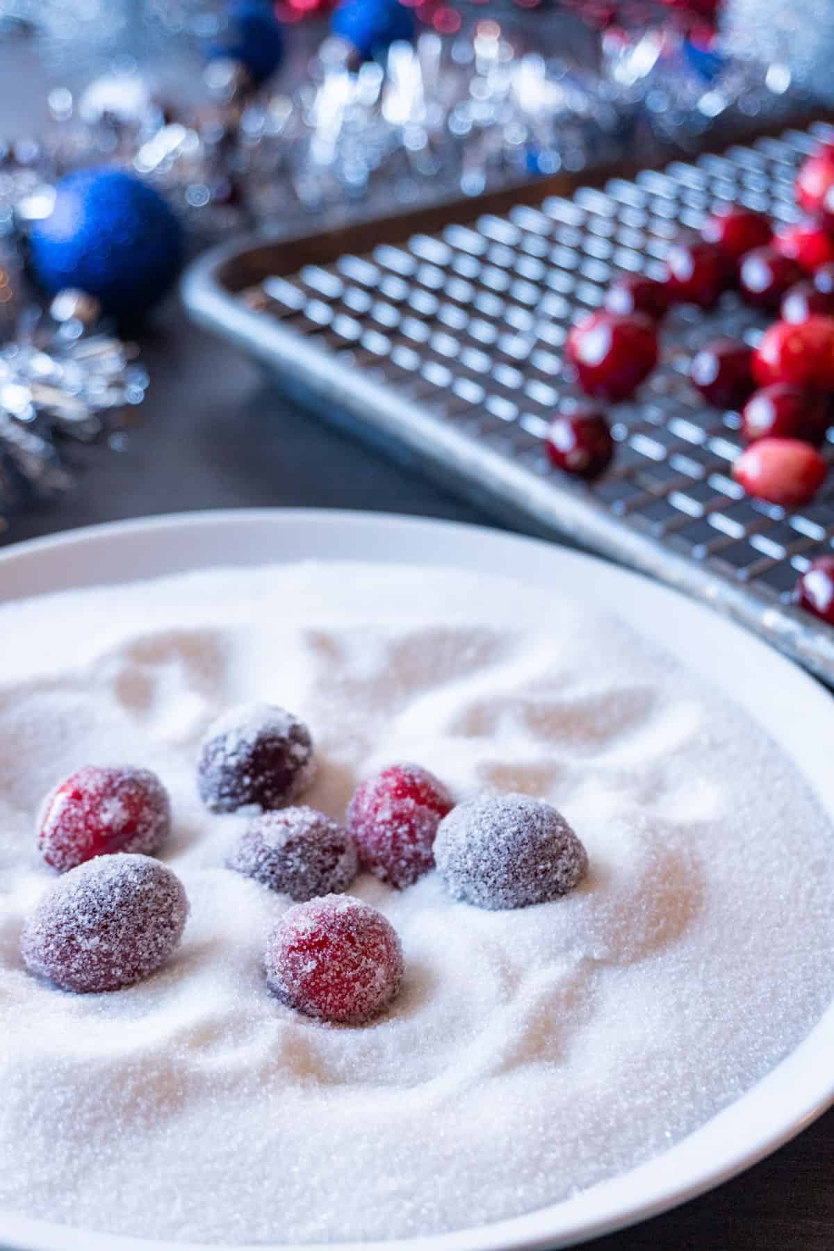 rolling cranberries in sugar