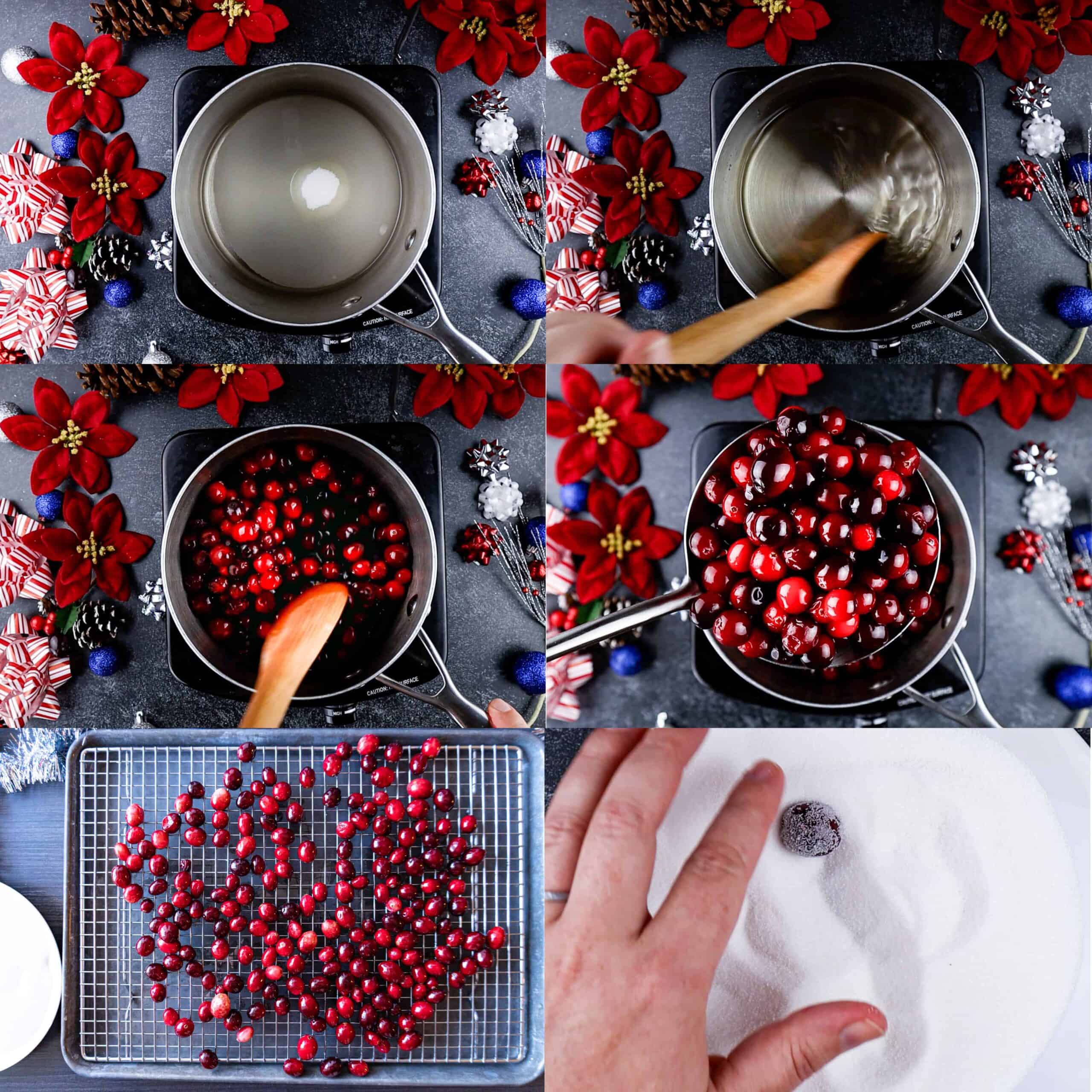 process shots of making sugared cranberries