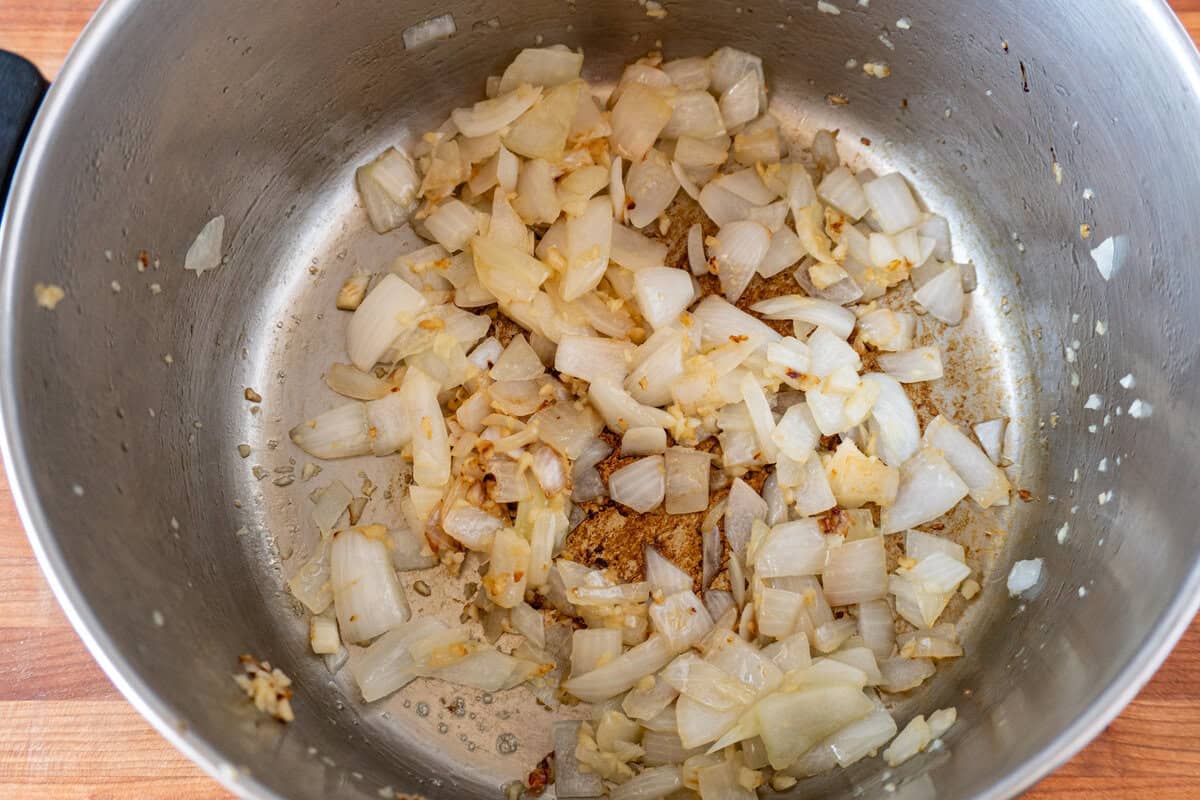 sauteed onion and garlic in soup pot.