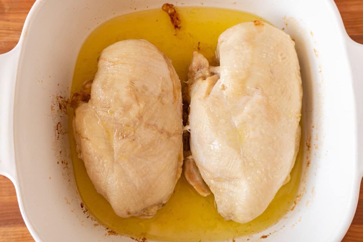 baked chicken breasts in baking dish.