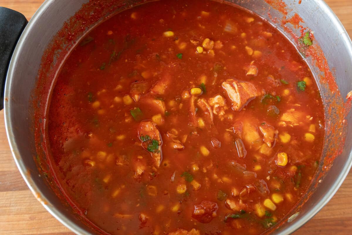 chicken tortilla soup in soup pot.
