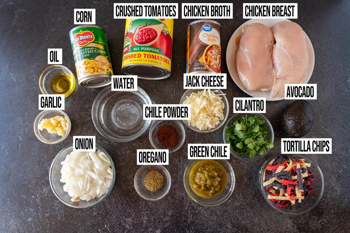 chicken tortilla soup ingredients in individual bowls and labeled.