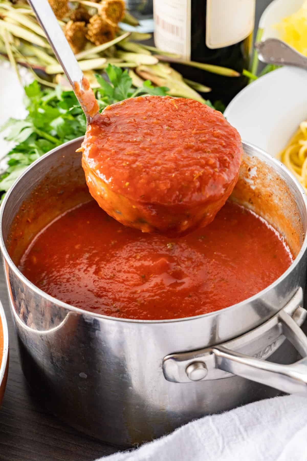 Pasta Marinara in ladle