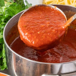 Pasta Marinara in ladle featured imgae