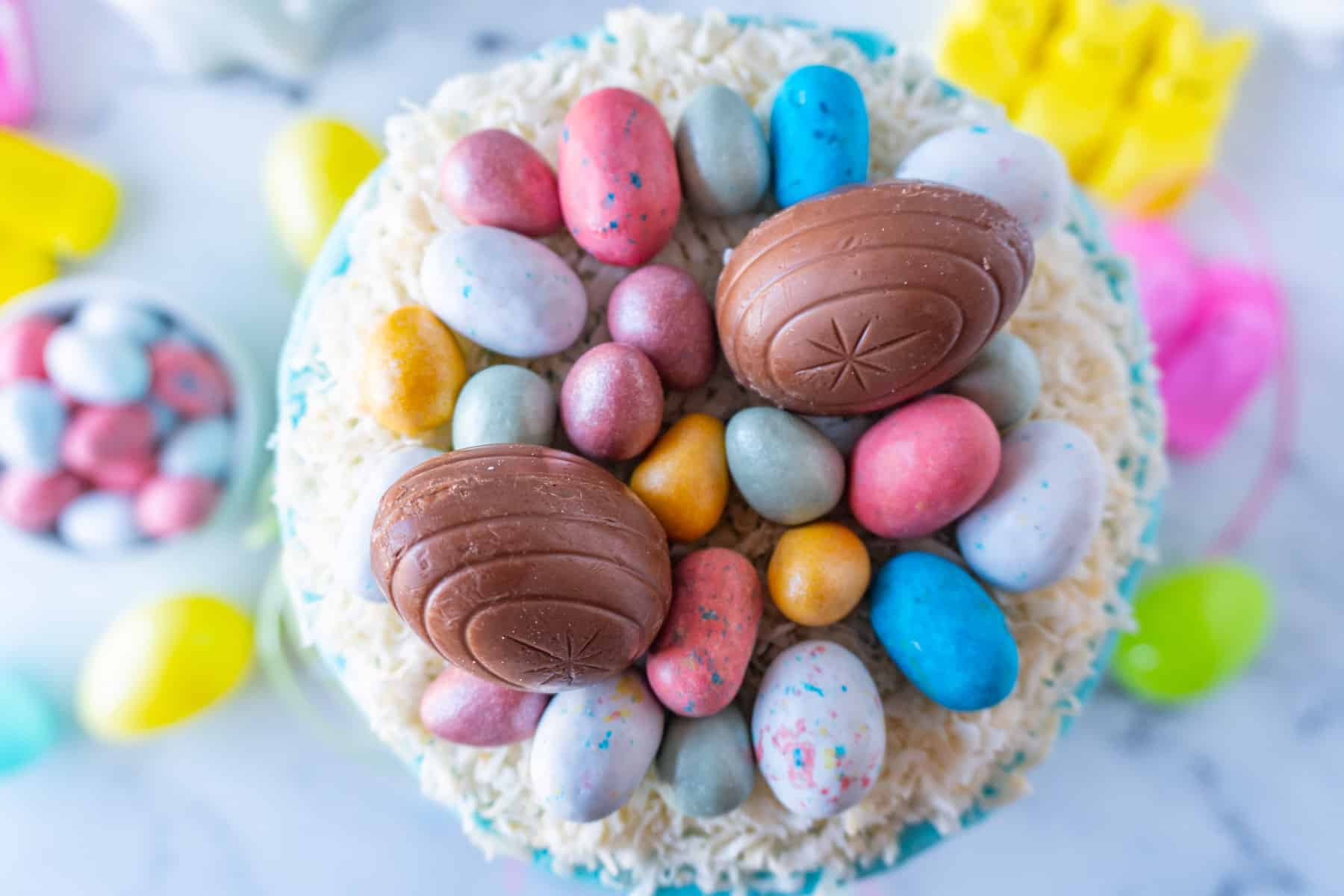 Top of the Easter Cake- coconut next with Easter egg candies