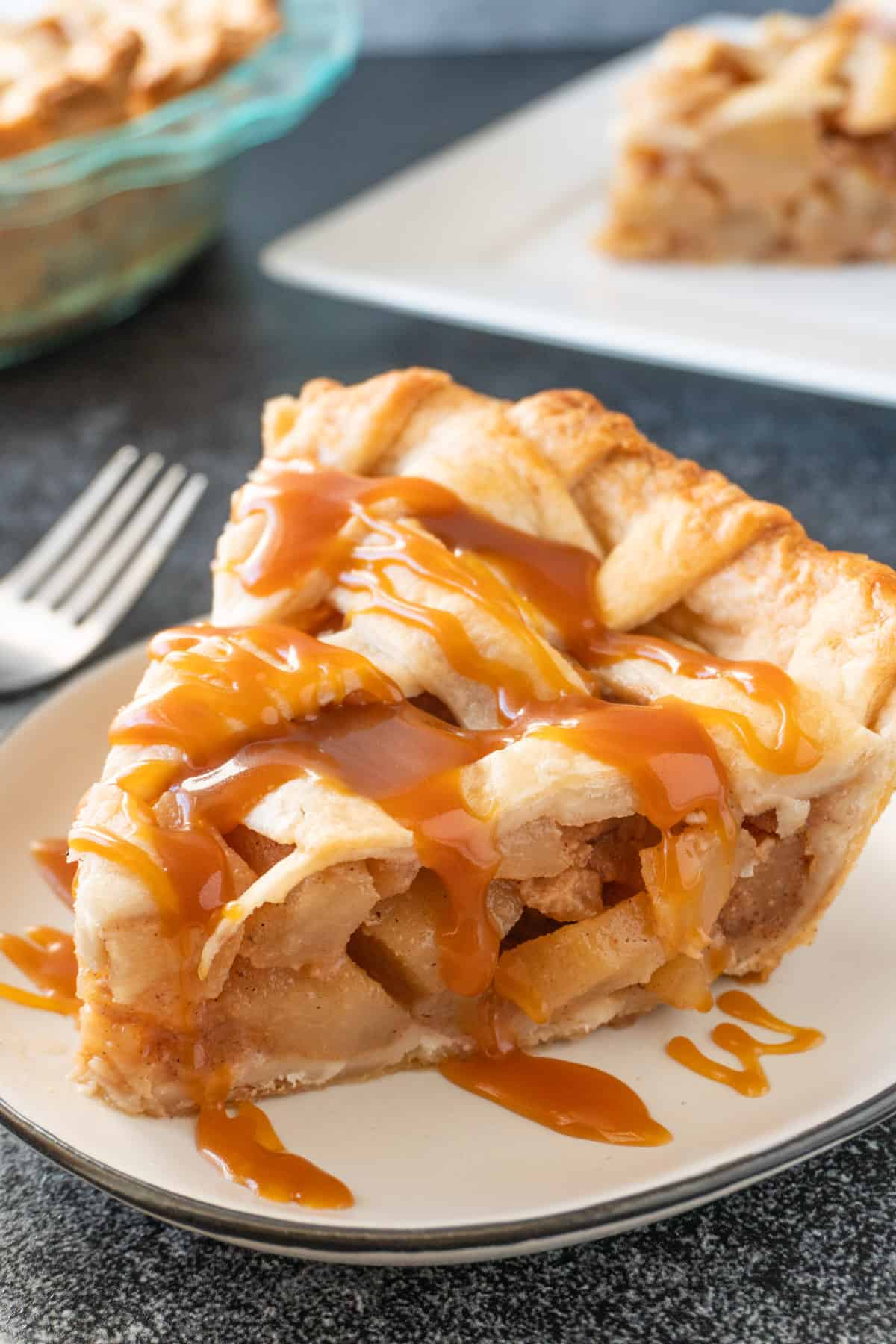 Caramel Pear Pie with caramel drizzled over it