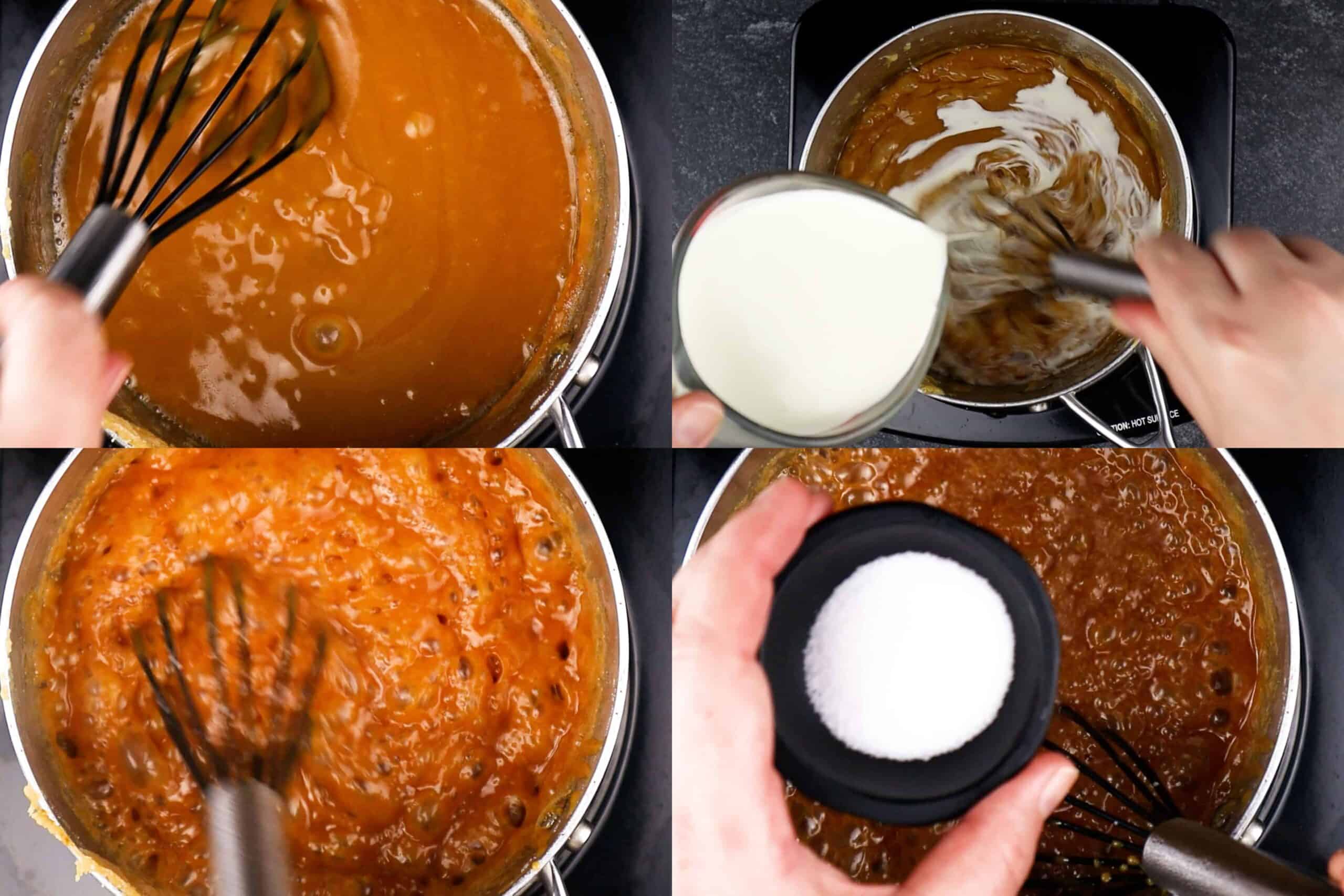 Adding cream and salt to melted sugar