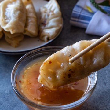 Pot sticker being dipped in Asian Dipping Sauce