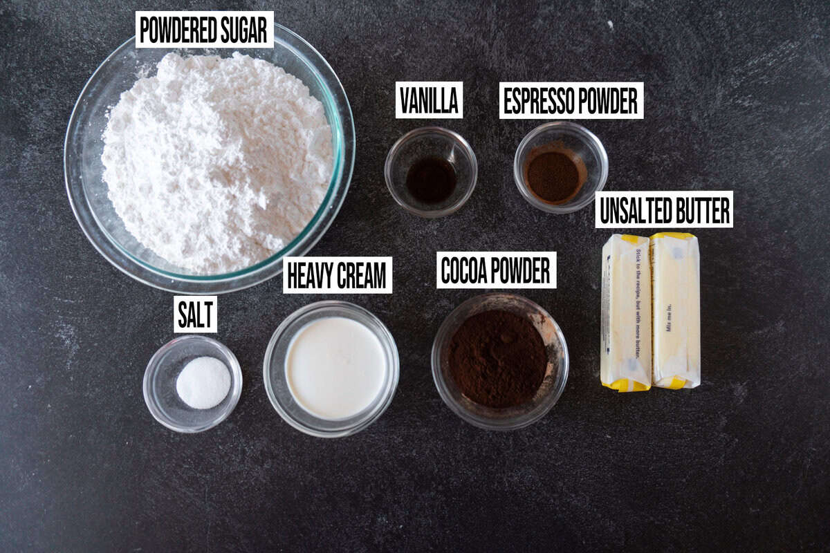 Chocolate fudge frosting ingredients in individual bowls labled,