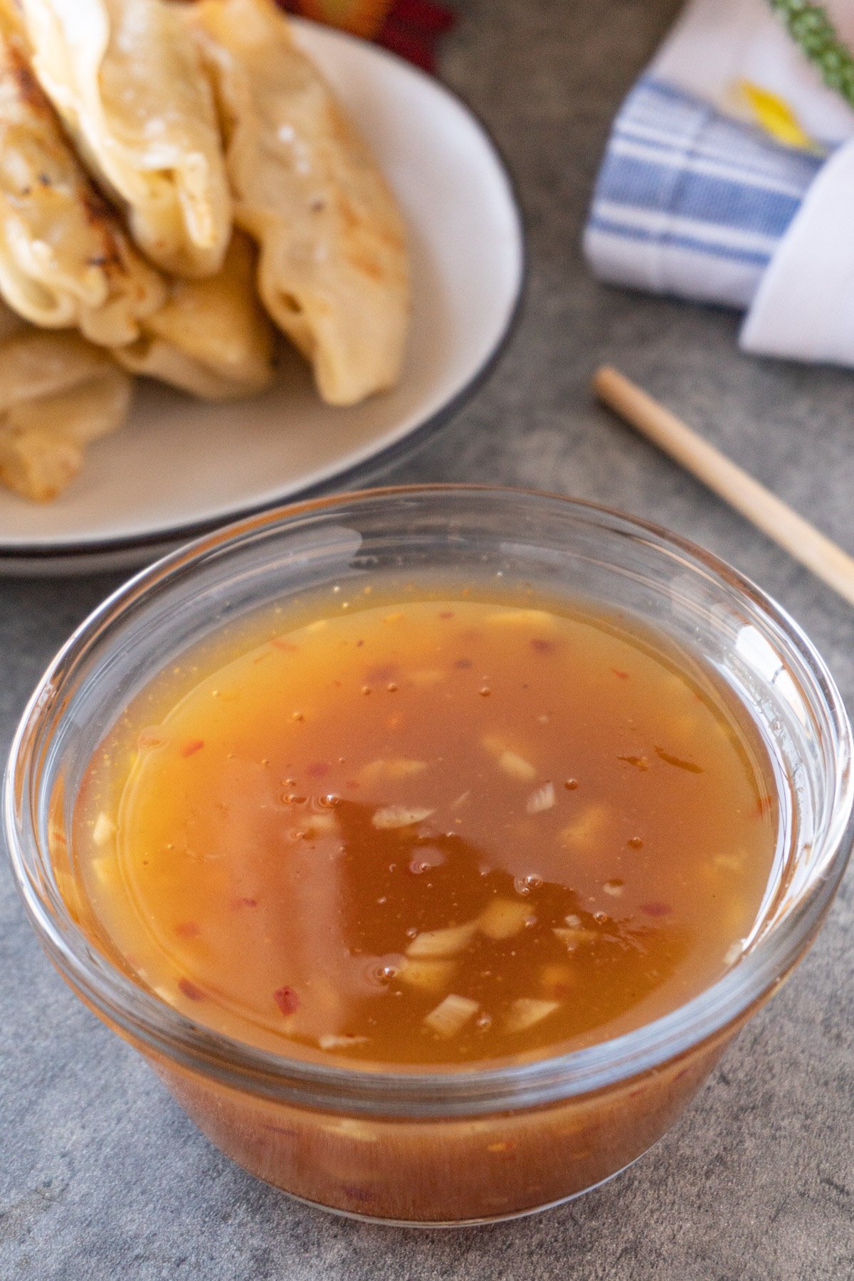 close up of gyoza sauce in bowl.