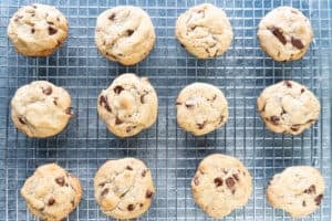 chocolate chip pudding cookies on cooling rack