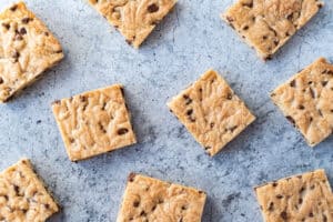 chocolate chip cookie bars spread out