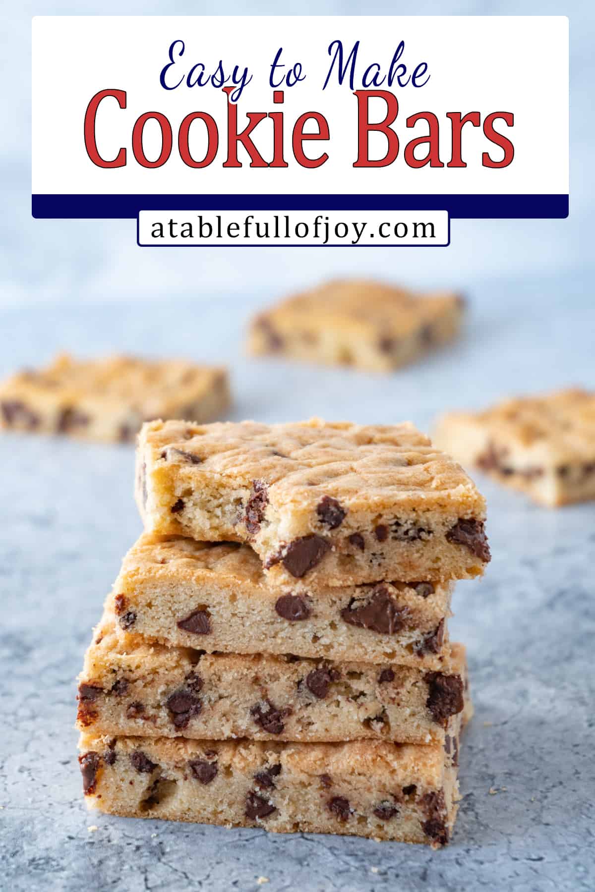 chocolate chip cookie bars stacked with bite taken out of top pinterest pin