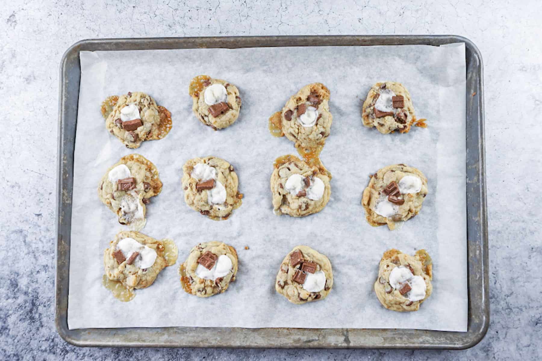 S'more cookies after baking on baking sheet