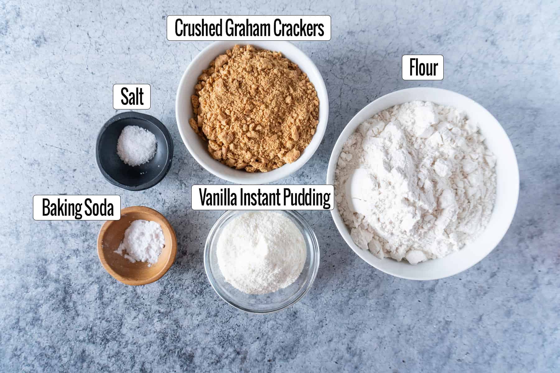 salt, baking powder, graham crackers, instant pudding, flour ingredients