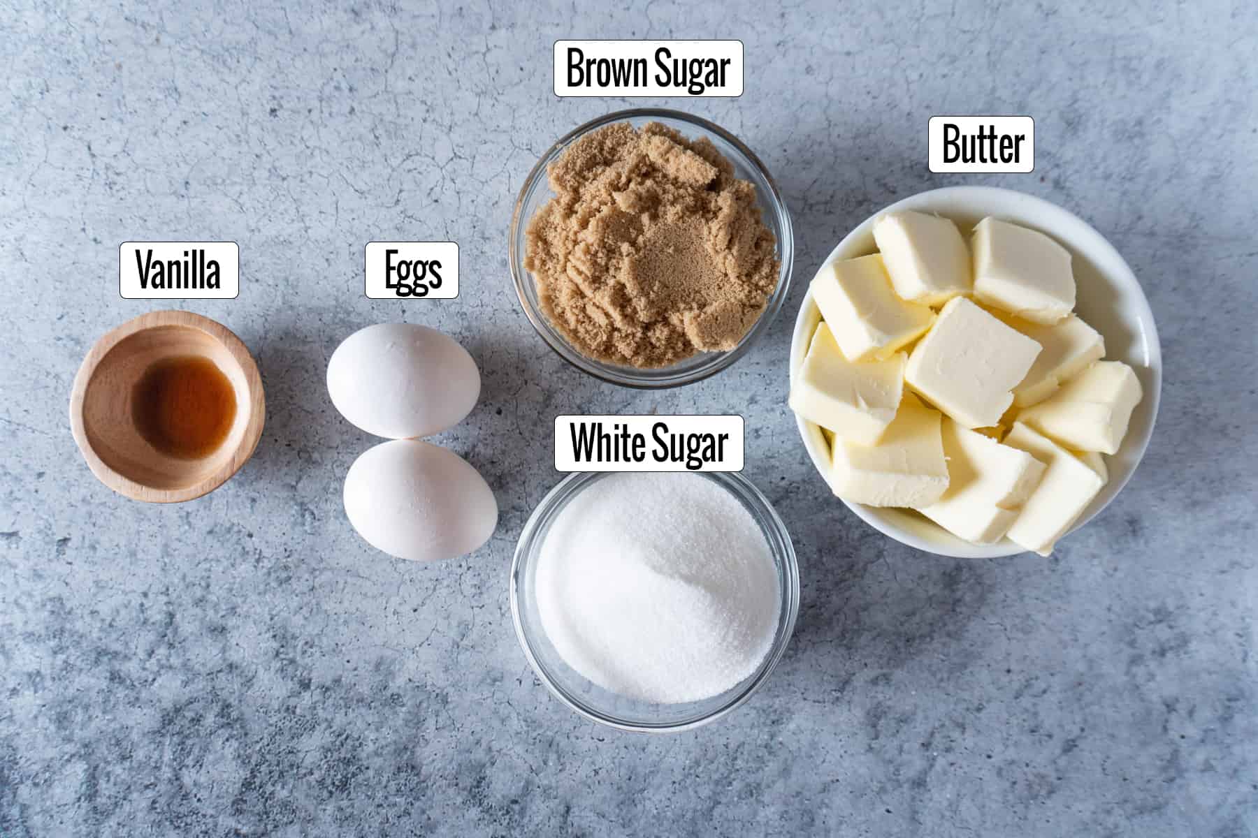 vanilla, eggs, sugars, and butter