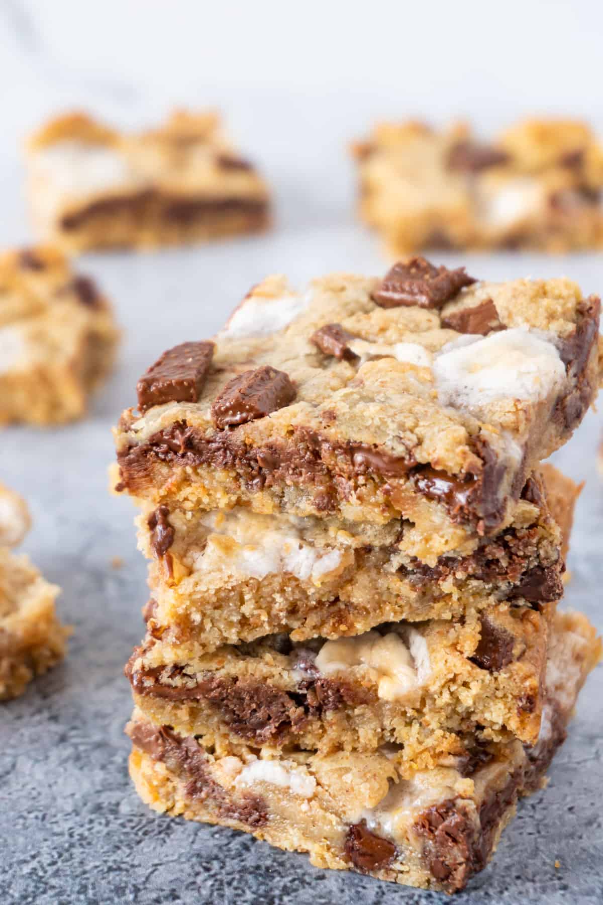 s'more cookie bars stacked