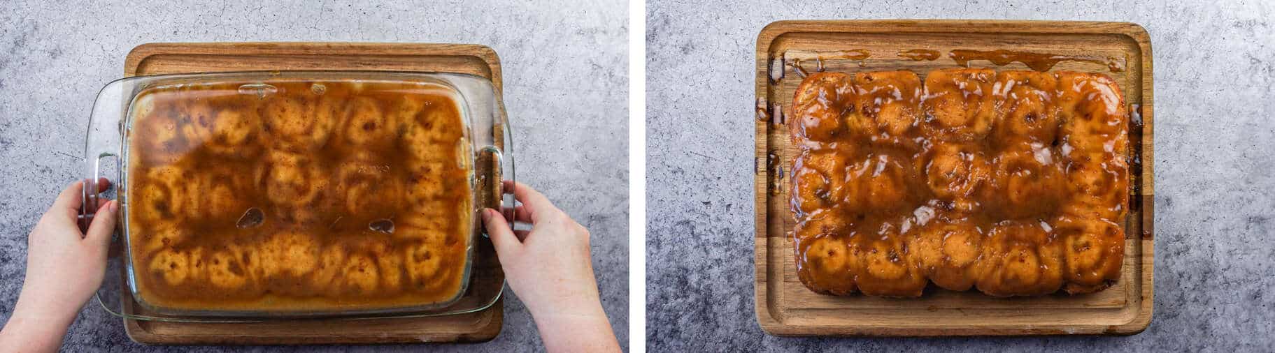 Easy Sticky Buns, inverted in baking dish and inverted on cutting board