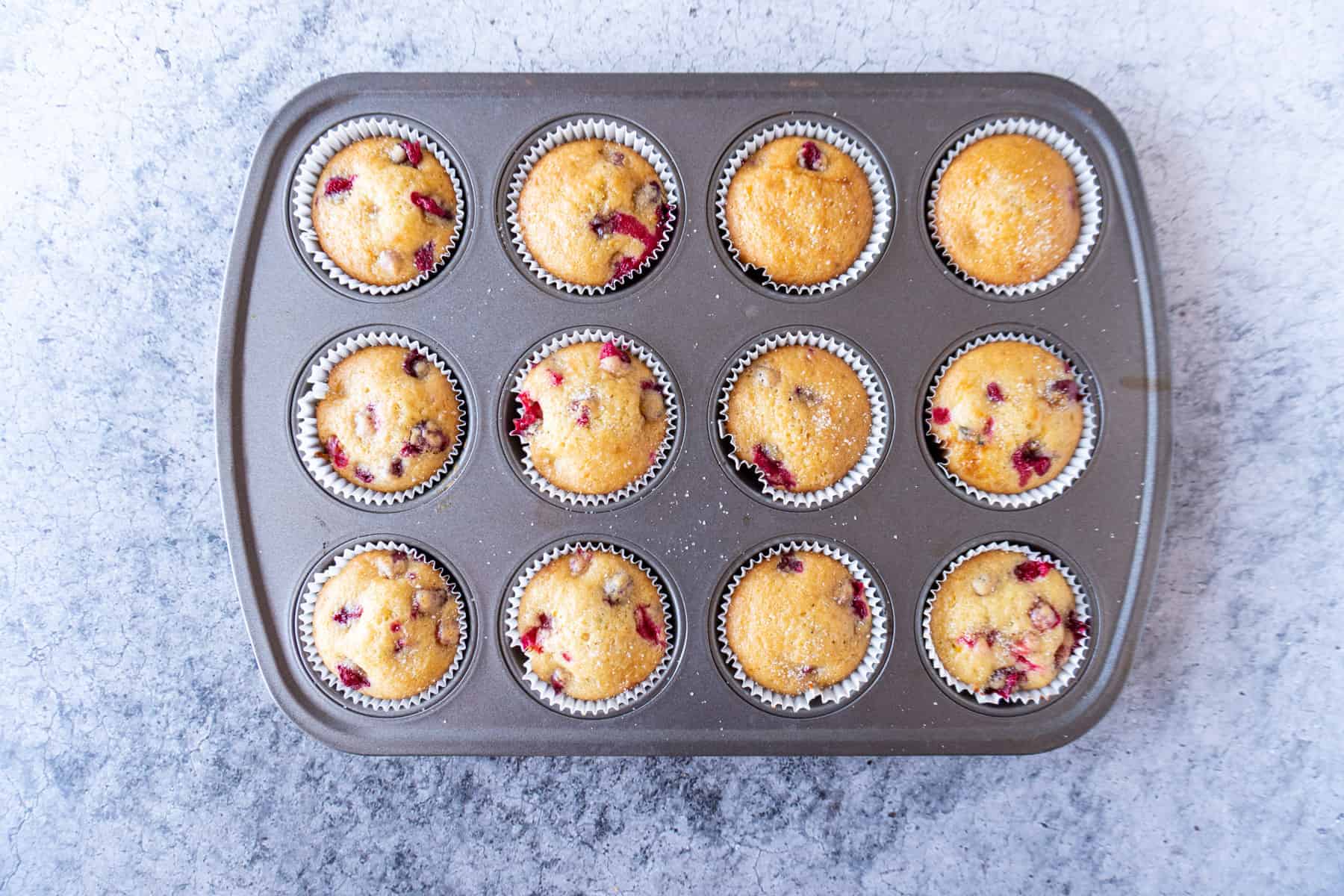 cranberry orange muffins baked in pan