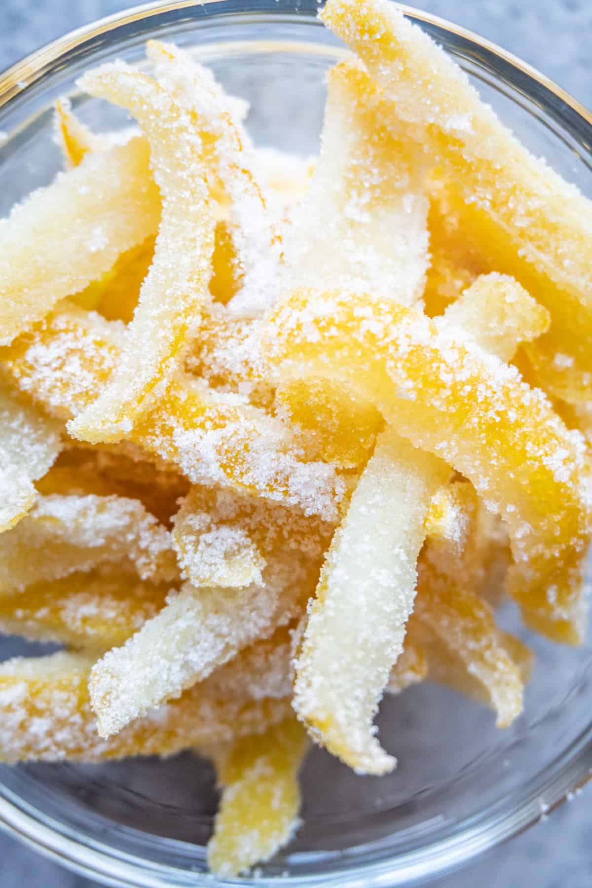 candied lemon peels in bowl