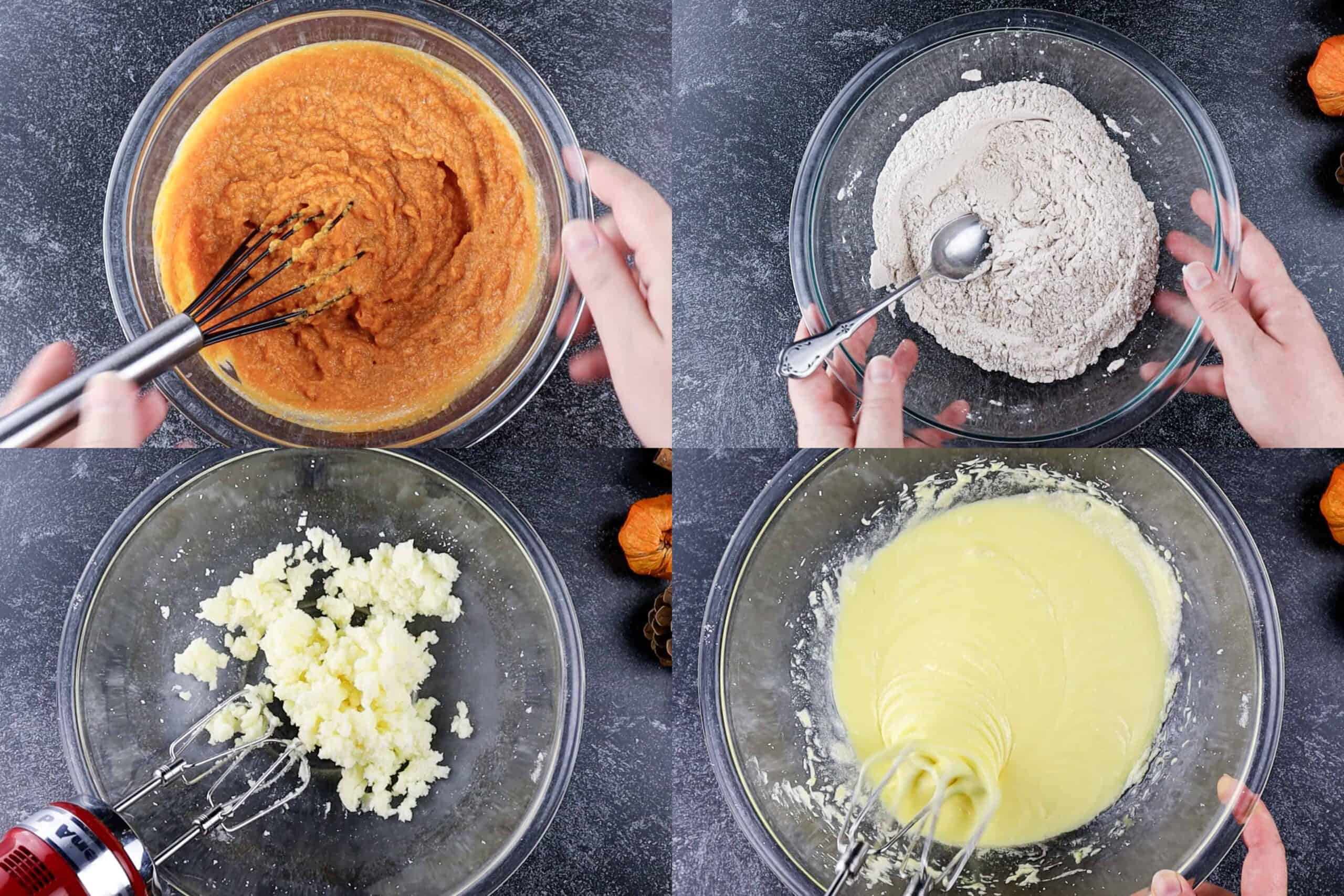 mixing the pumpkin, dry ingredients, process shots