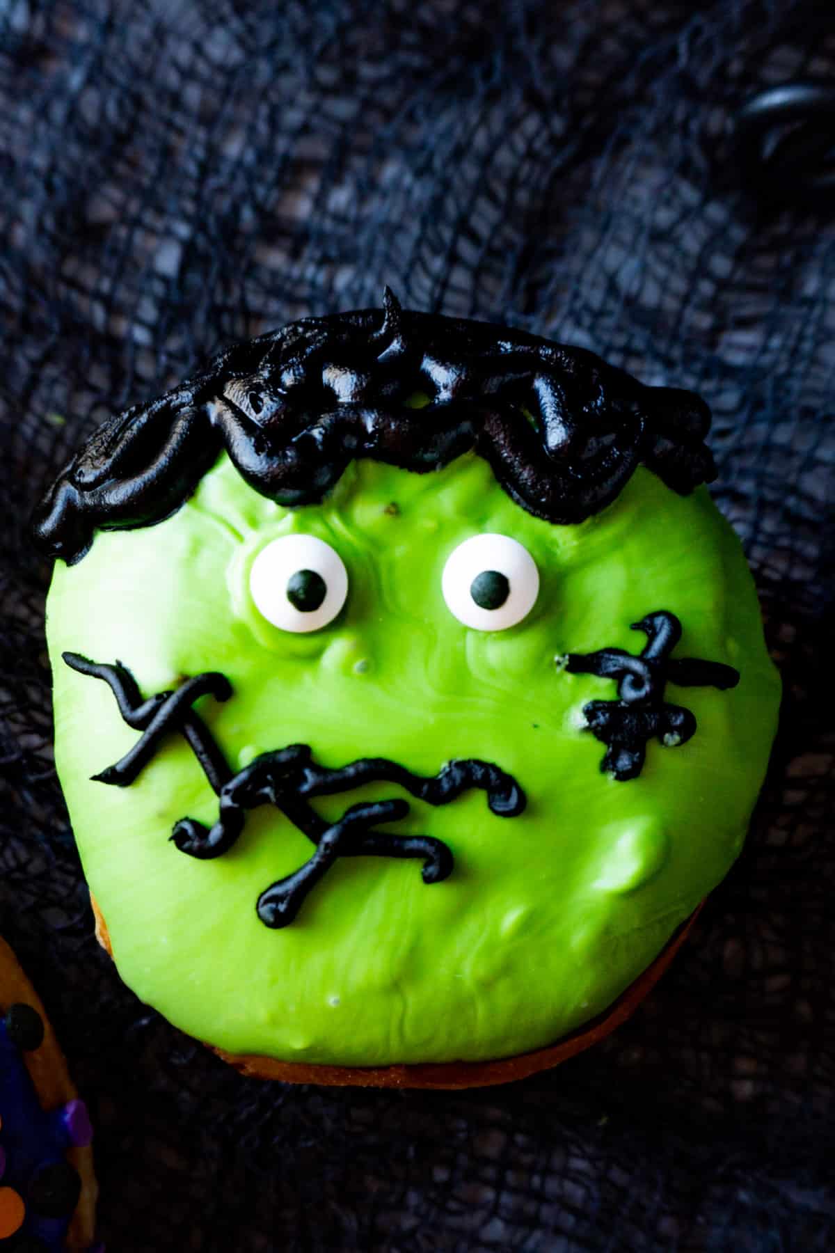 close up of frankenstein donut