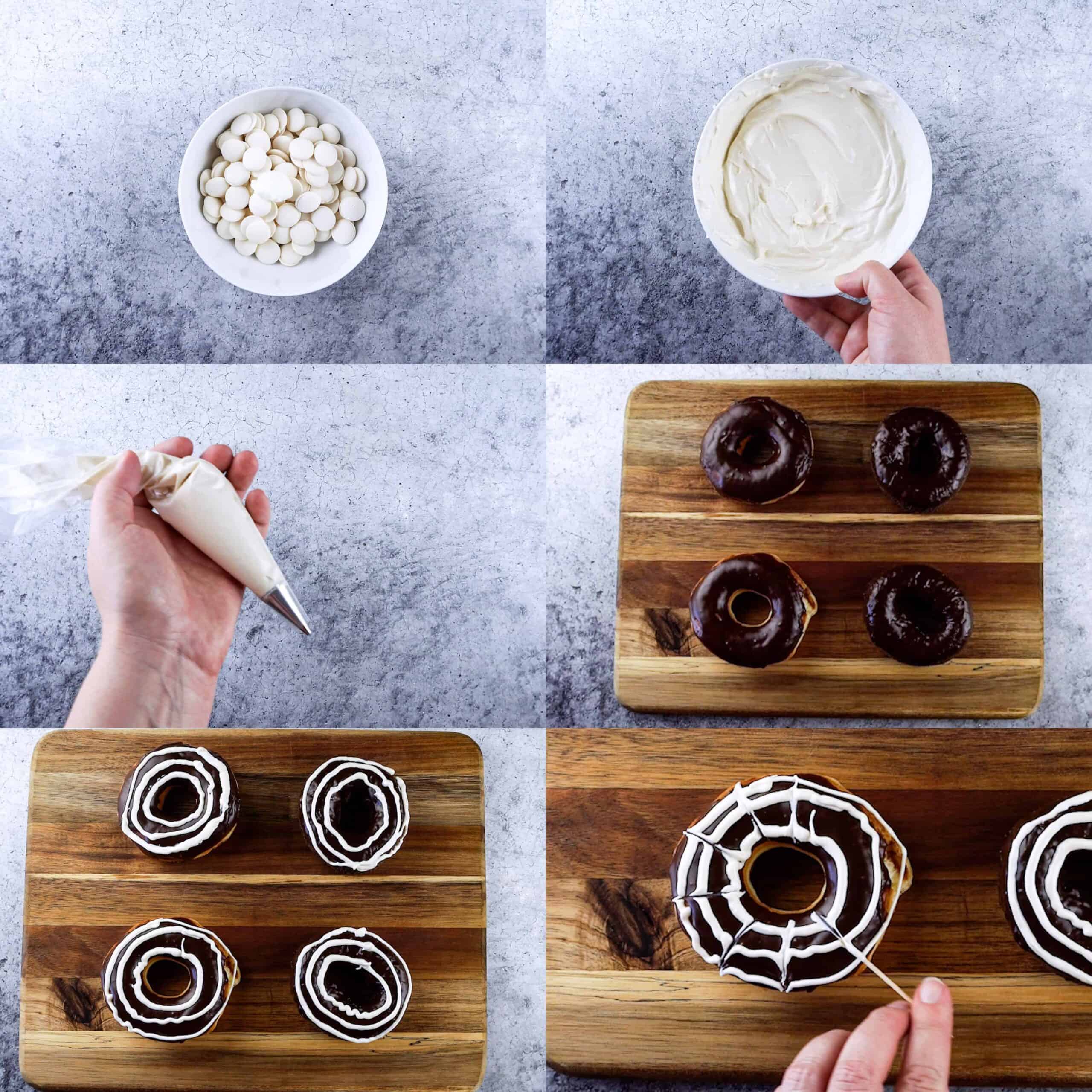 Spider web donuts decorating process shots