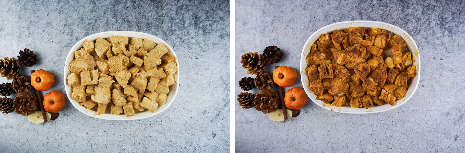 Pumpkin Bread Pudding Before and After baking