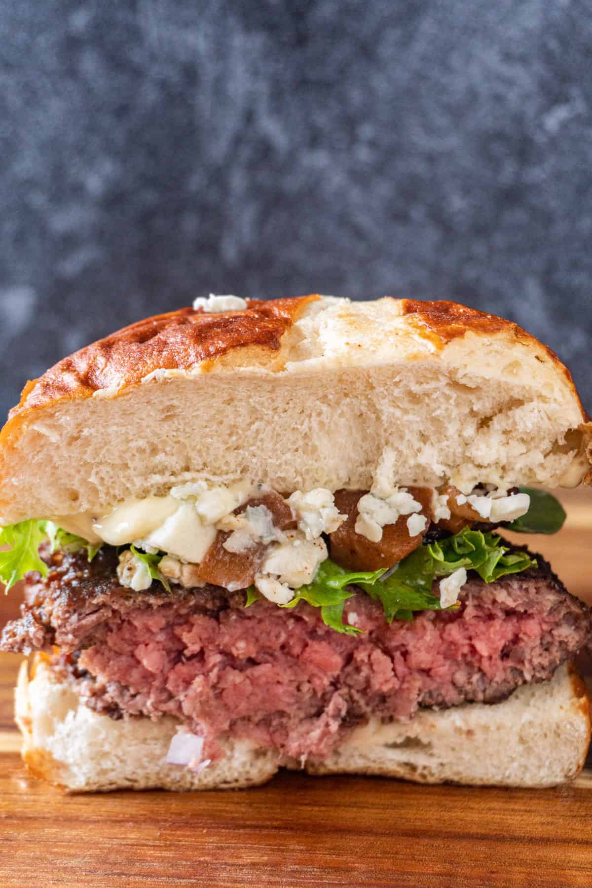 blue cheese burger cut in half 