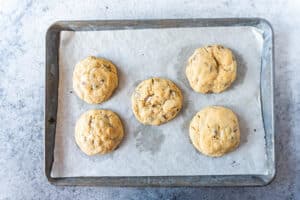 marshmallow stuffed cookies baked on baking tray