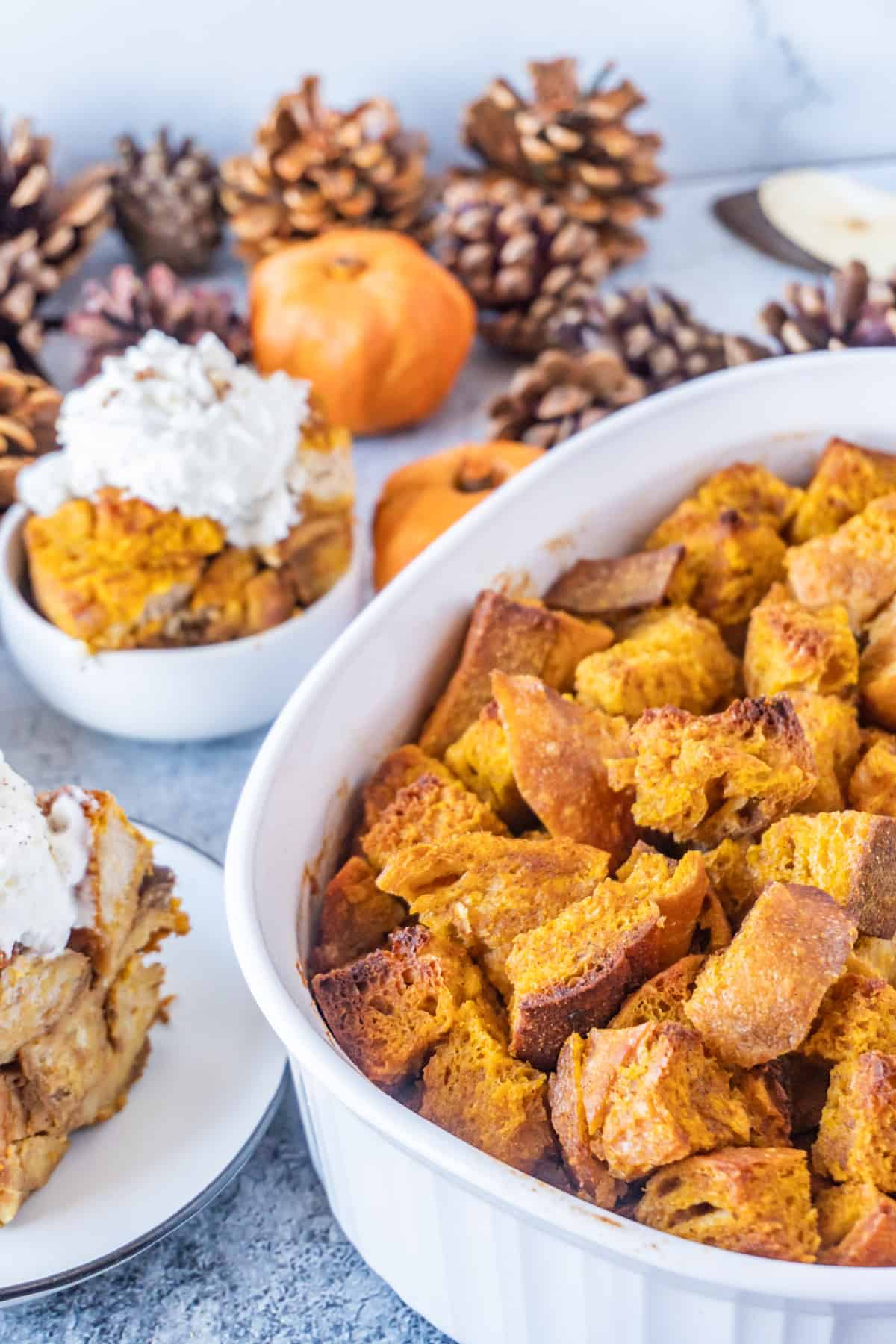 Pumpkin Bread pudding in dish- baked