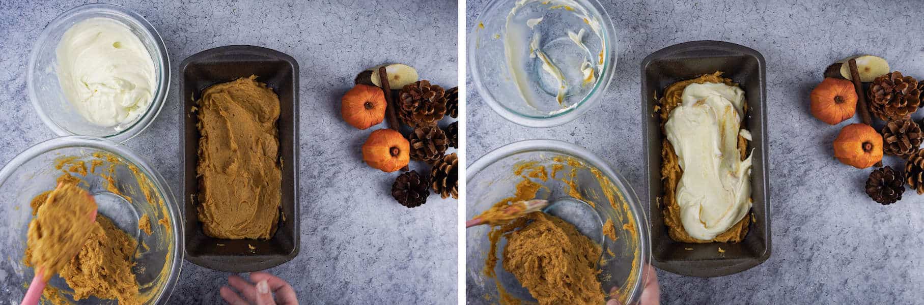 Pumpkin Bread Layering the batter and filling in a bread pan 