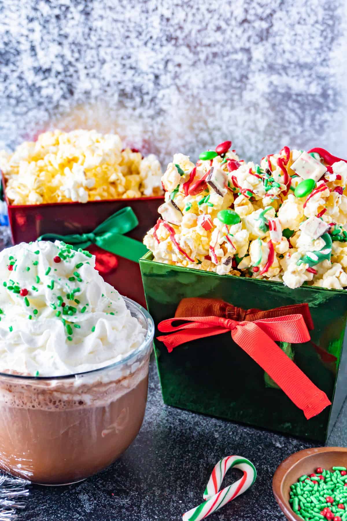 Holiday popcorn and hot chocolate