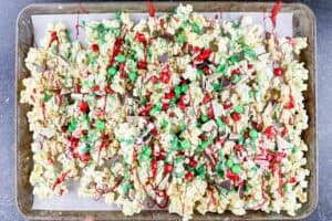 popcorn drizzled with candy melts and candy