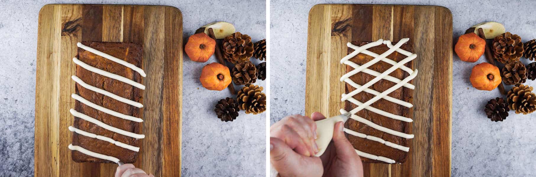 How to frost diagonals on the pumpkin bread