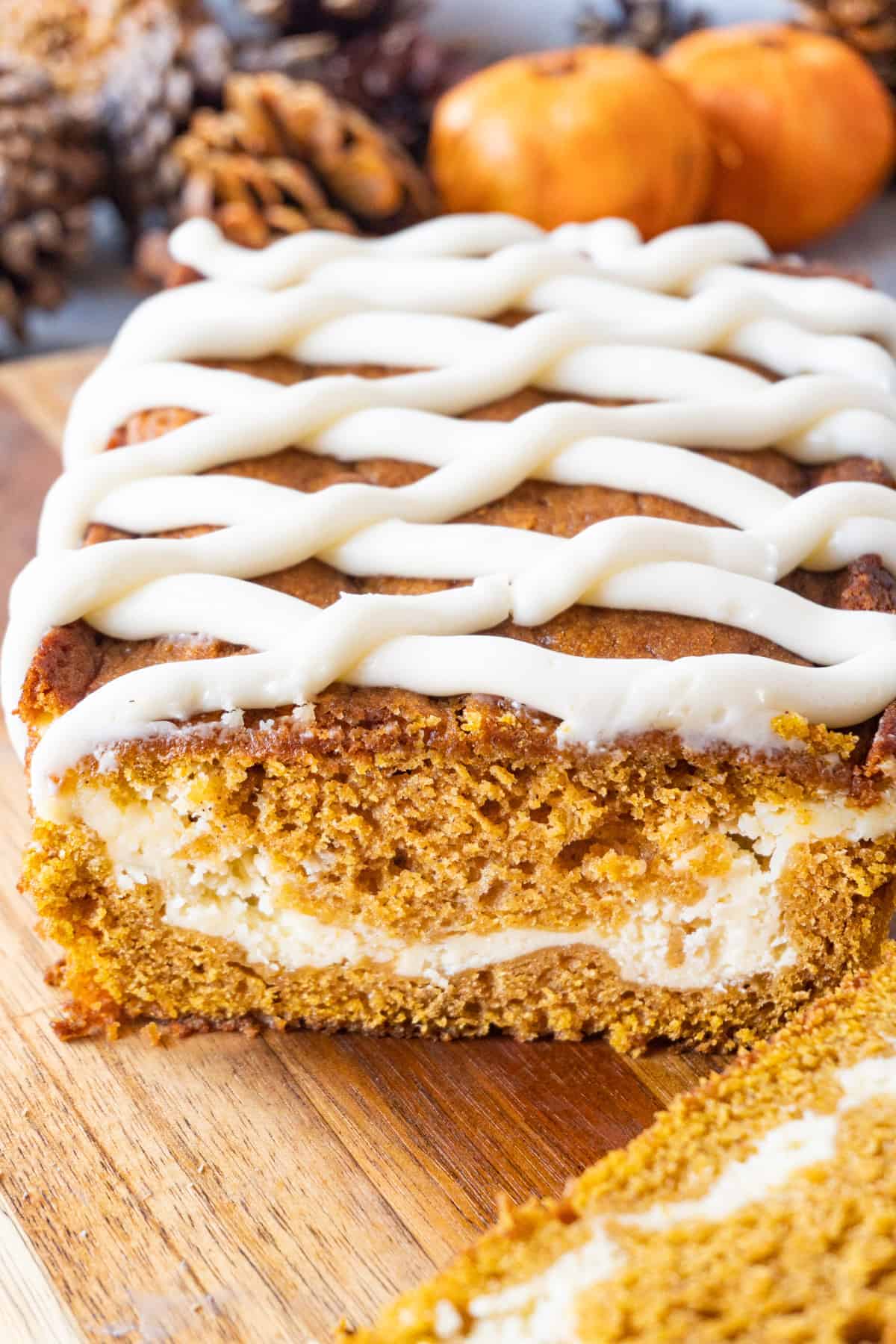 Pumpkin bread close up with cream cheese in the center